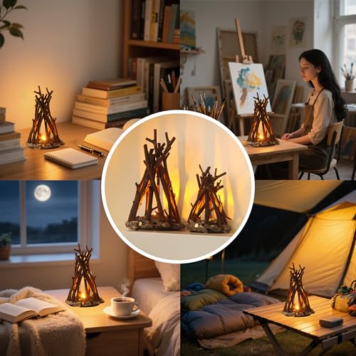 Lubocrat LED Night Light Wooden Campfire LED Dimmable Lamp with 3 Lighting Modes & Flame Sound, USB Powered Kids Nightligh...