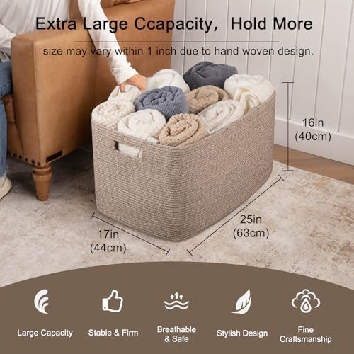 OIAHOMY 118L XXXLarge Cotton Rope Storage Basket, Oversized Blanket Basket, Used for Organizing Dirty Clothes in Living Ro...