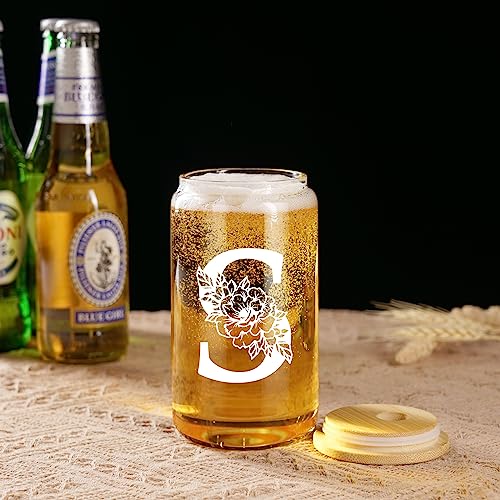 Coolife Initial Glass Cup, Monogrammed Gifts for Women, 16oz Glass Cups w/Lids Straws, Iced Coffee Smoothie Beer Tumbler ...