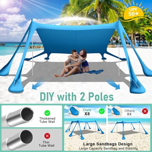 Ahititi Beach Tent Sun Shelter Beach Canopy Tent Sun Shade Pop Up 10x10 UPF50+ with 8 Sandbags-2 Sand Shovel-Portable 4 Al...