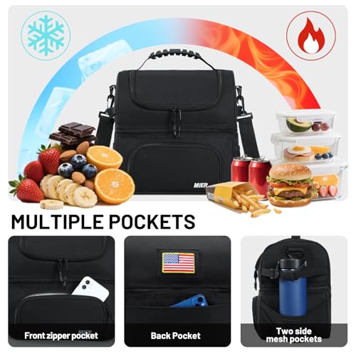 MIER Dual Compartment Lunch Bag Tote with Shoulder Strap for Men and Women Insulated Leakproof Cooler Bag, Black