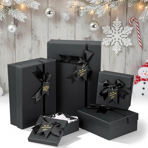 Afgaogw 5 Pack Black Nesting Gift Boxes with Lid, 5 Sizes Luxury Wrapping Boxes with Ribbon Bows & Label for Valentine's D...
