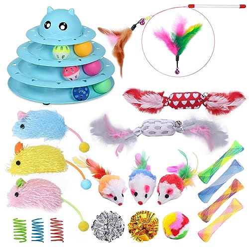 UPSKY 24 PCS Cat Toys, 3-Level Turntable Kitten Toys Set, Interactive Cat Roller Toys for Indoor Cats, Catnip Toys, Cat Te...