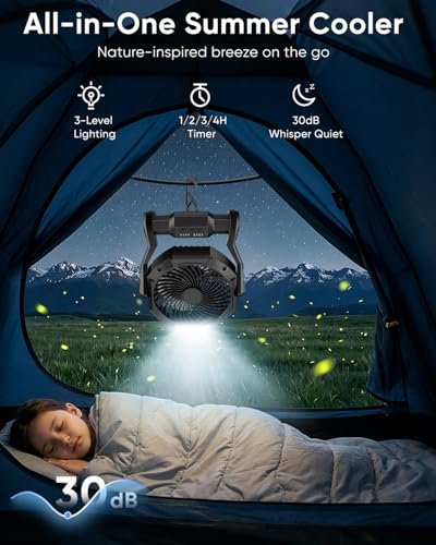 Portable Rechargeable Fan, 20000mAh Battery Powered Camping Fan with LED Light & Hook, 270° Adjustable, 4-Speed,4-Timer Ca...