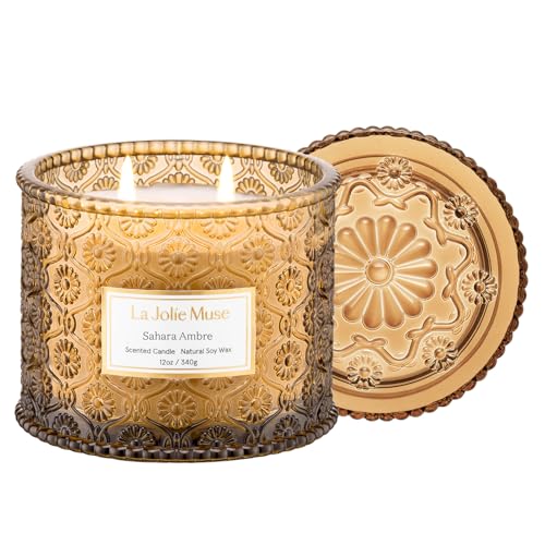LA JOLIE MUSE Sahara Amber Candle – Bergamot, Clove & Amber | 12 oz Large 2-Wick Soy Wax Candle | 60 Hours Clean Burn | Gi...
