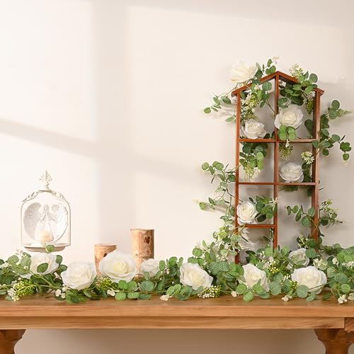 Dolicer 4Pcs 26Ft Artificial Eucalyptus Garlands with Flowers - 8 Roses, Faux Floral Greenery Garlands Fake Flowers Vines ...