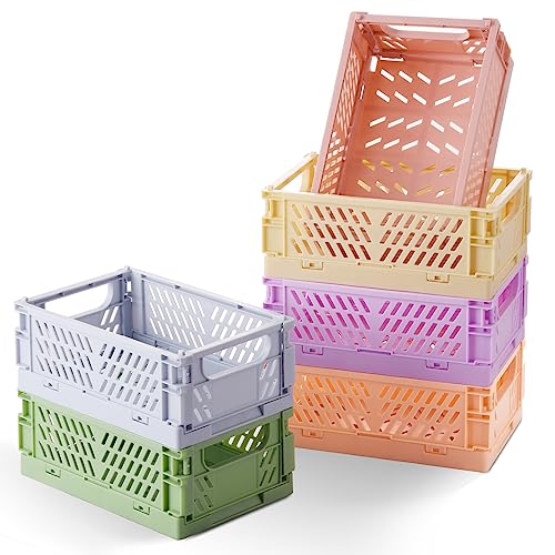 HUUSMOT 6-Pack Small Pastel Plastic Storage Baskets, Collapsible Crates for Organizing, Space-Saving Mini Bins for Classro...