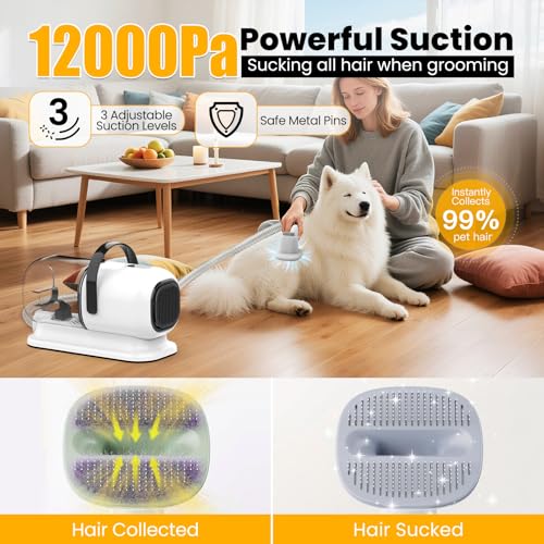 FIXR Dog Grooming Vacuum, All-in-One Pet Grooming Kit with Hair Clipper & Shedding Brush, Low Noise 12,000Pa Dog Hair Remo...