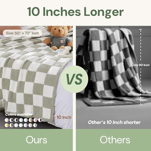 WRENSONGE Checkered Throw Blanket, Sage Green Soft Cozy Fluffy Hand Made Throw Blankets for Couch, Sofa, Chair, Bed, Campi...