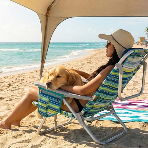 ALPOME Aluminum Backpack Low Profile Beach Chair - 5-Position Lay Flat Reclining Folding Chair with Removable Cooler Bag -...