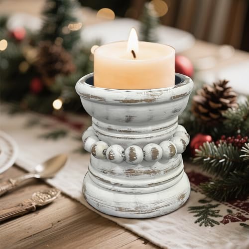 dwellington Farmhouse Rustic Wood Pillar Candle Holder, Decorative Beaded Candlestick Holder Stand for Home Décor, Gifts, ...