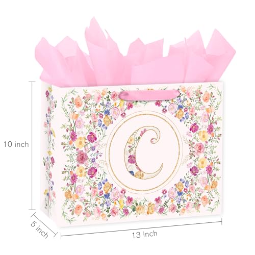 Loveinside 13" Large Floral Monogram Letter C Gift Bag, Personalized Alphabet Flower Initial Gift Bag with Tissue Paper fo...