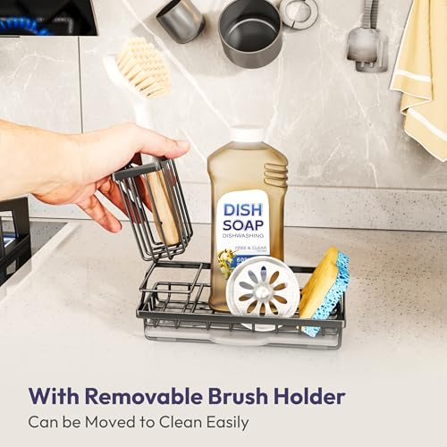 SWTYMIKI Sink Caddy Sponge Holder - Kitchen Sink Organizer with High Brush Holder for Countertop to Hold Dish Soaps and Sp...