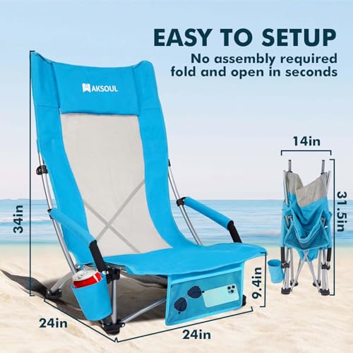 AKSOUL Folding Beach Chair for Adults: Low/High Back Chairs with Carry Bag - Extra Wide Seat Chair with Comfortable Pillow...
