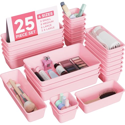 BiuLeon 25 PCS Plastic Drawer Organizers Set, 4-Sizes Vanity and Makeup Organizer, Desk and bathroom Drawer Organizer Tray...