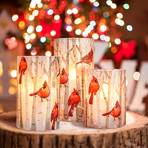 Crystal Club Flameless Candles, Cardinal Theme, (Set of 3) Battery Operated LED Candles with Remote, Real Wax & Glass Effe...