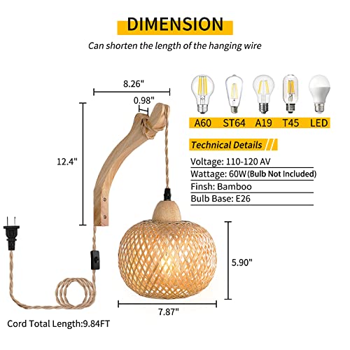 Frideko Bamboo Lantern Plug in Wall Sconces Wicker Wall Lamp with Plug in Cord Hand Woven Rattan Wall Light Farmhouse Rust...