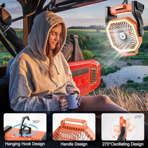 Odoland Rechargeable Camping Fan, 20000mAh Battery Fans with LED Lantern for Tent Car Beach Storm, Portable Light Desk Coo...