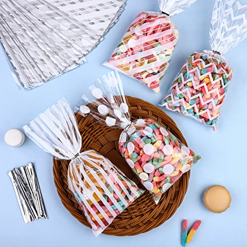 Aodaer 100 Pieces 10.6 x 5.1 In White Cellophane Bags Plastic Candy Gift Bag Cellophane Treat Bags with Twist Ties Stripes...