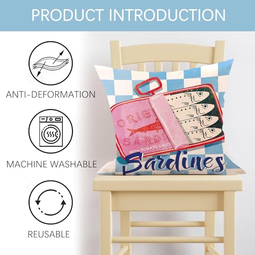 Fjfz Sardines Can Decorative Throw Pillow Covers 20 x 20 Set of 4, Beach Coastal Fish Fisherman Aesthetic Porch Outdoor Ho...