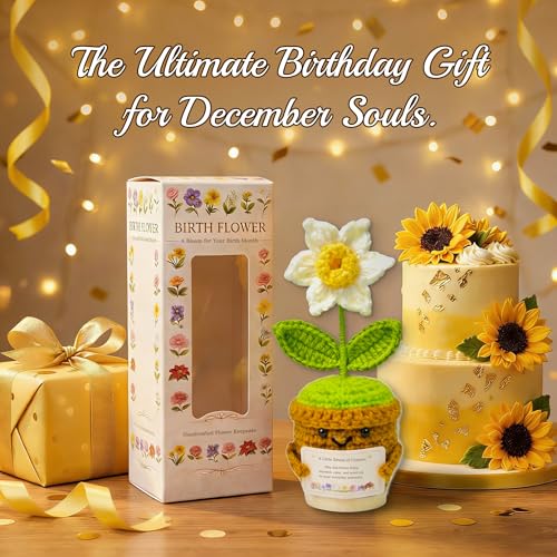 Xulvrax December Birth Flower Narcissus Crochet Potted Plant Gift, Handmade Style with Wooden Base, Meaningful Birthday De...