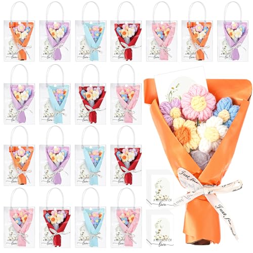 Solsew 20 Sets Crochet Flowers Bouquet for Mom Grandma Lady Women Handmade Knitted Artificial Flowers with Sunflower a Bun...