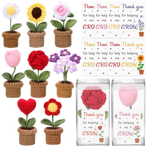 8 Set Thank You for Helping Me Grow Crochet Flower Pots Teacher Appreciation Gift Bulk Positive Handmade Crochet Flowers w...