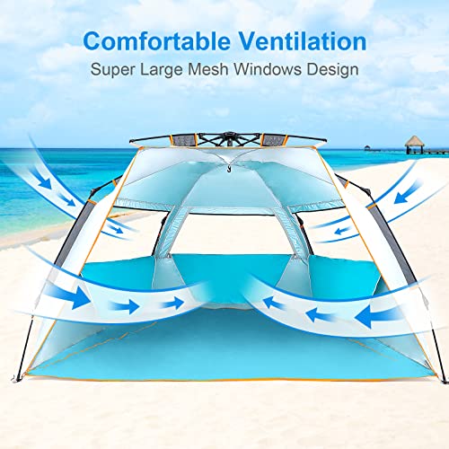 WolfWise 3-4 Person Beach Tent with UPF 50+ Sun Protection, Portable Ventilated Beach Shade Canopy with Extended Porch, Ea...