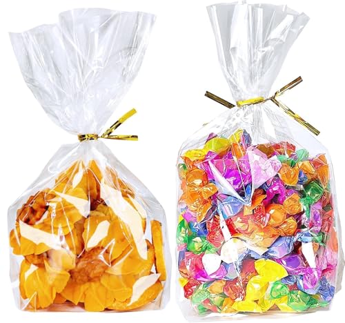PigPotParty Cellophane Treat Bags 6x9 Inch, 50 Pack Clear Goodie Bags with Bottom Gusset for Stand-Up Display, Small Plast...