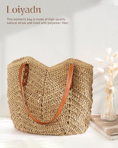 Loiyadn Beach Bags for Women - Straw Bag with Zipper, Soft Woven beach bag, Casual Straw Shoulder Bag for Daily Use