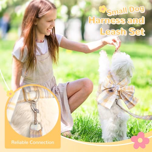 UETZLTB Cute Dog Harness and Leash Set with Bow Tie Soft Mesh Plaid Girl Puppy Harness No Pull Pet Cat Dog Vest Harness fo...