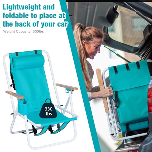 VINGLI Backpack Beach Chair for Adults, Portable Lightweight Reclining Beach Chair with Headrest & Cup Holder, Heavy Duty ...