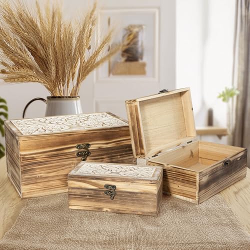 MODE HOME 3 Piece Tree of Life Carved Wooden Keepsake Boxes with Lids, Decorative Storage Boxes for Home decor, Trinket Bo...