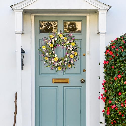 Sggvecsy Daisy and Lavender Wreath 24’’ Wildflower Wreath Spring and Summer Artificial Spring Silk Summer for Front Door H...