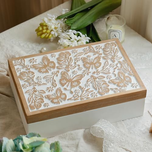 Synovana Wooden Keepsake Box - Decorative Wood Boxes with Hinged Lid, Butterfly Engraved Design, 10.24" W