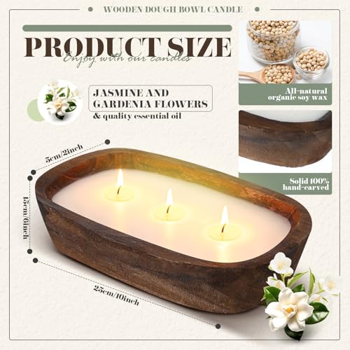 Threlaco 1 Pack 10 Inch Wood Dough Bowl Candles Home Rustic Dough Bowl Soy Candle 3 Wick Scented Candles Gifts for Men Wom...