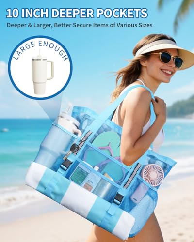 WANDF Mesh Beach Bag for Women, Large Beach Tote Bags with 40oz Tumbler Side Pockets, Family Pool Bag for Swim Toys Towels...