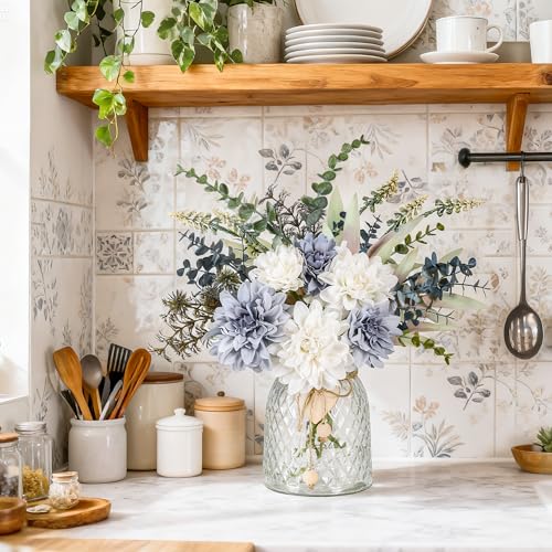 Der Rose Fake Flowers in Vase Silk Artificial Navy Blue Flowers Arrangements with Glass Vase for Dinning Coffee Table Cent...