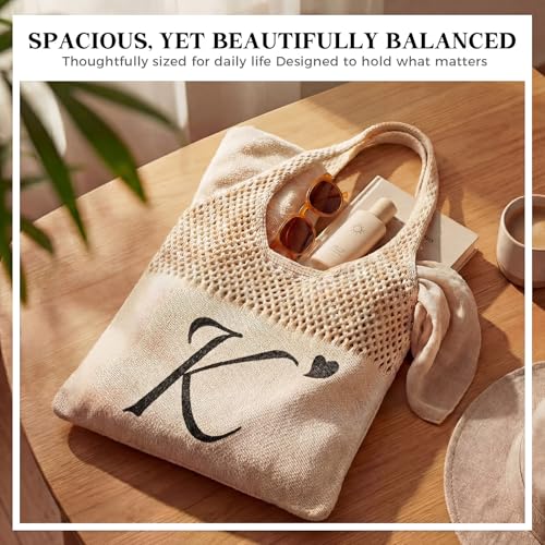 Shinylin Personalized Crochet Tote Bag for Beach Women Beige Mesh Knit Shoulder Bag Boho Aesthetic Tote for Women