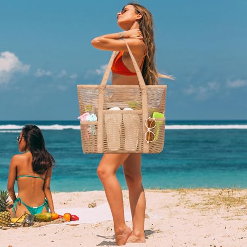 Fammart Mesh Beach Bag for Women, Casual Hobo Bags Large Beach Tote for Pool Travel Cruise Vacation Essentials