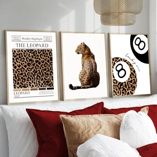 Trendy Leopard Wall Art Set of 3 Funky Lucky 8 Ball Posters Prints Preppy Room Aesthetic Cheetah Wall Decor Pictures for G...