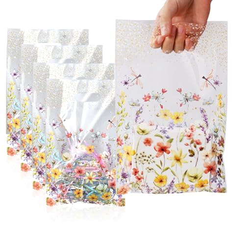 HappFestiv 50 Pcs Clear Wildflower Party Favor Bags, Wild Flower Plastic Treat Bags with handle, Floral Gift Bags Candy Ba...