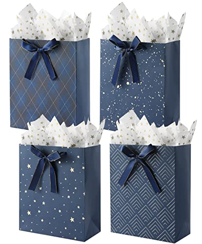 KomoLeay 4 Pack 9" Medium Size Gift Bags Assorted Premium Blue Gift Bags with Tissue Paper Use for Birthdays, Baby Shower,...