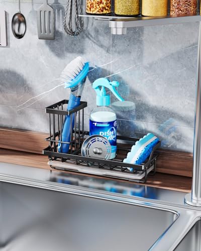 Consumest Sponge Holder for Kitchen Sink - Kitchen Sink Caddy Organizer with Removable Drip Tray for Countertop Dish Soap ...