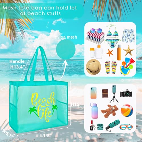 Scimdbg Large Beach Tote Bags With Funny Beach Phrases,Sandproof Foldable Mesh Bag For Poolside,Travel,Swimming | bright c...