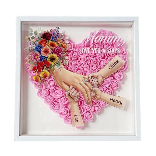 Personalized Flower Shadow Box with Name, Custom Mom & Kids Holding Hands Frame with Ring & Nail Design, Multiple Skin Ton...
