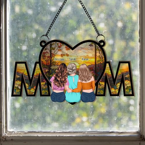 Personalized Heart-Shaped Suncatcher Window Hanging, Decorative MOM Sign with Sunset Scene