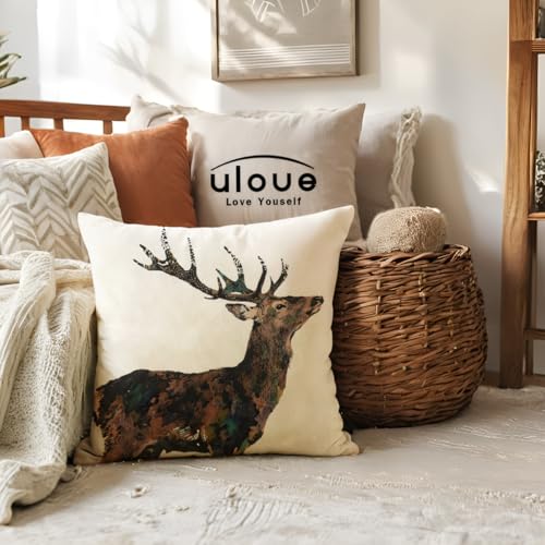 ULOVE LOVE YOURSELF Deer Throw Pillow Case 4 Pack Cotton Linen Cushion Covers,18 X 18 Inch Square Pillow Covers for Home D...