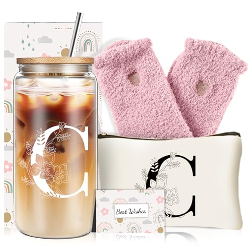 Unique Initial Glass Cup with Lids and Straws, Monogrammed Gifts Box Included Makeup Bag, Valentines Day Mothers Day Birth...