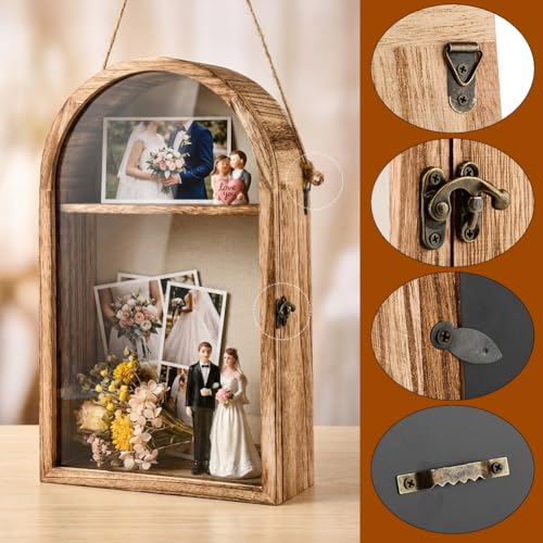 10x16 Shadow Box Frame, Large Shadow Boxes Display Cases with Linen Back and Removable Shelves, Arch Brown Wooden Memory B...